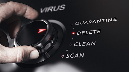 Securepoint Antivirus Pro schützt ihre IT im Unternehmen Regler gegen Computervirus wird auf Delete (Löschen) gedreht.