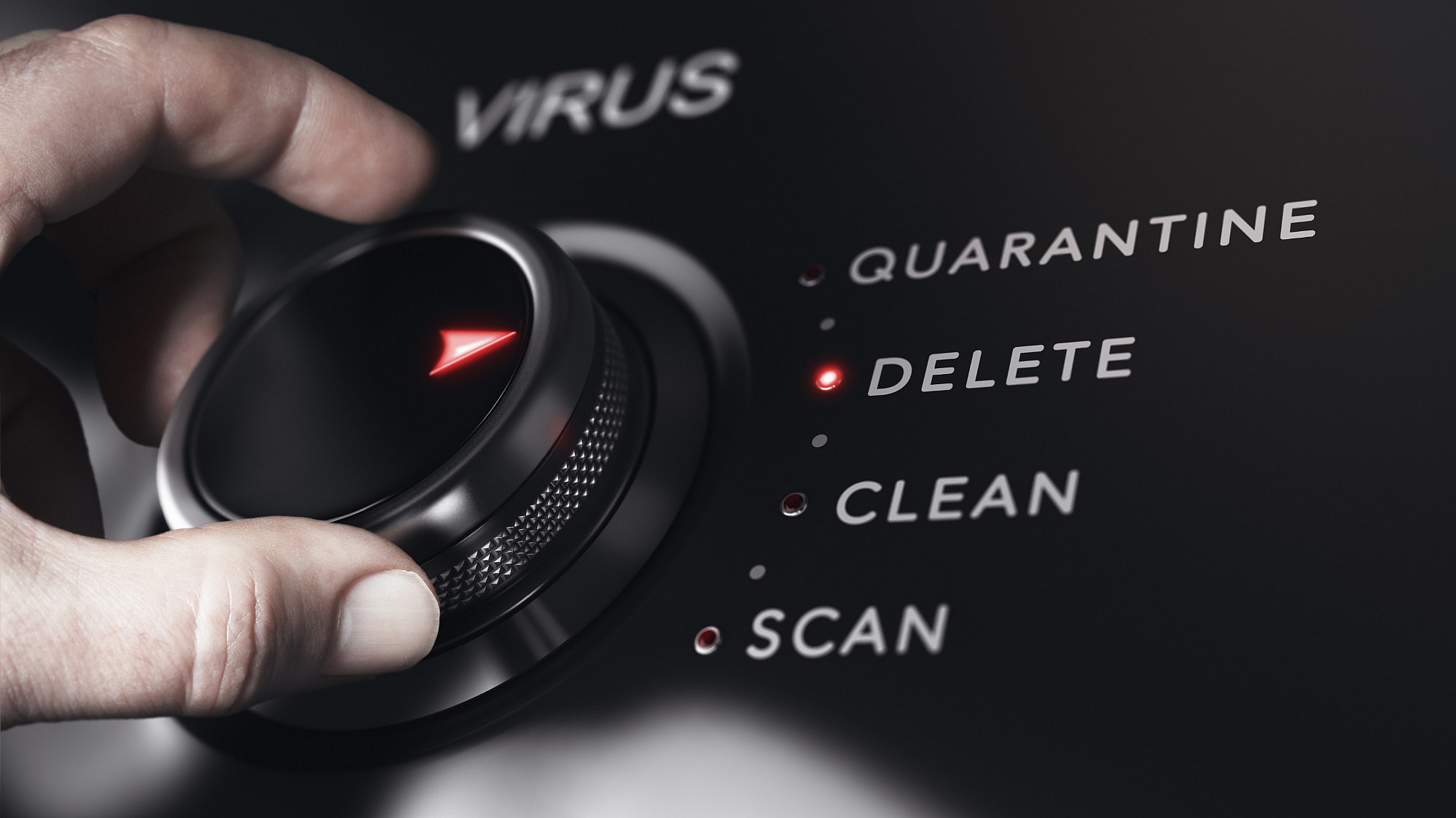 Securepoint Antivirus Pro schützt ihre IT im Unternehmen Regler gegen Computervirus wird auf Delete (Löschen) gedreht.