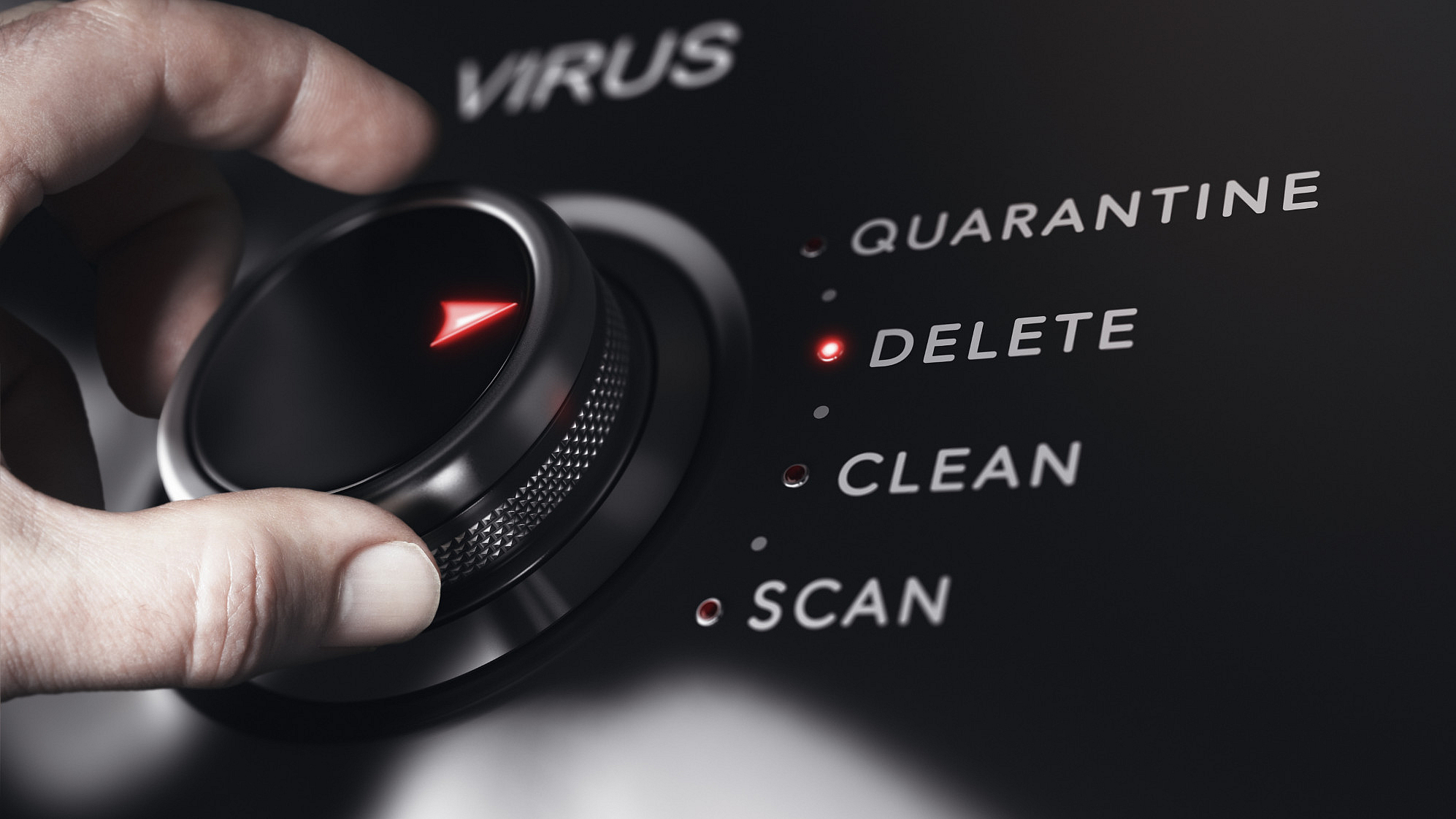 Securepoint Antivirus Pro schützt ihre IT im Unternehmen Regler gegen Computervirus wird auf Delete (Löschen) gedreht.