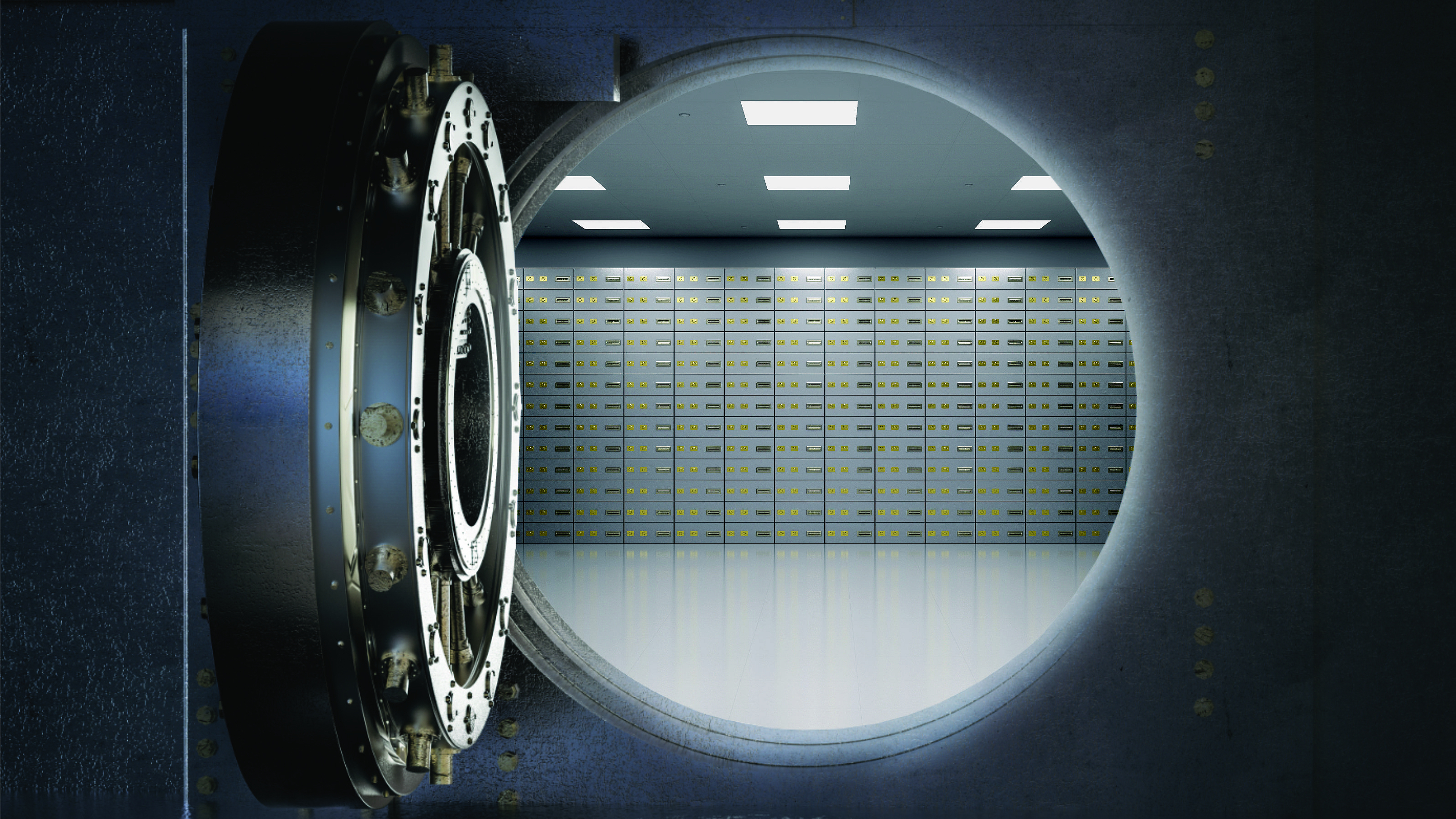 Mit Securepoint Unified Backup Unternehmensdaten zuverlässig sichern. Blick durch eine offene Tresortür auf Schließfächer.