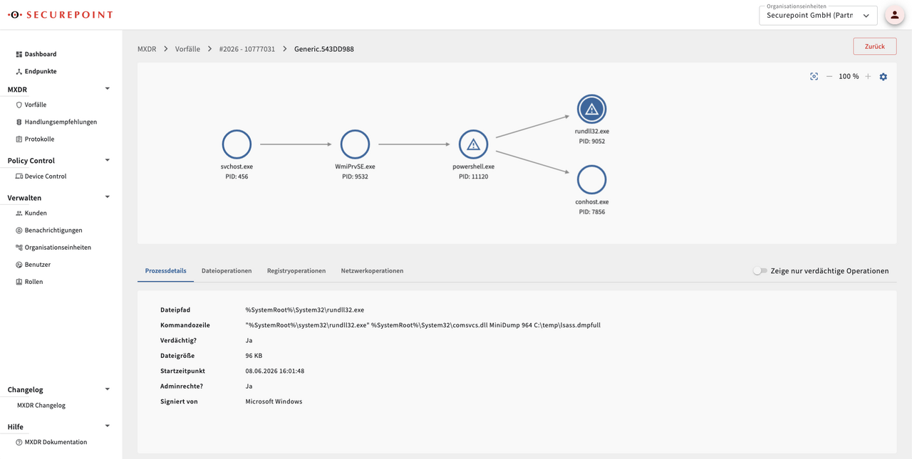 Einblick ins System Securepoint Managed XDR Screenshot: Bedienoberfläche Managed XDR von Securepoint