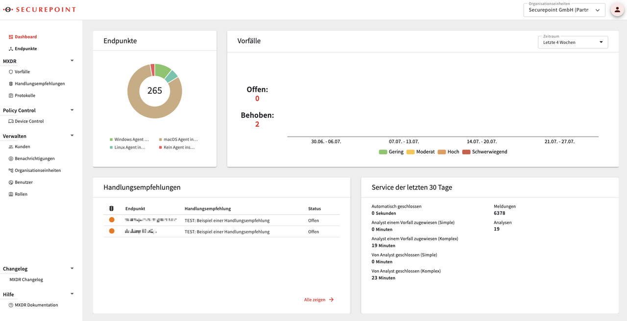 Einblick ins System Securepoint Managed XDR Screenshot: Bedienoberfläche Managed XDR von Securepoint