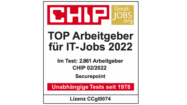 Securepoint als Top-Arbeitgeber 2022 ausgezeichnet. Auszeichnung als TOP Arbeitgeber 2022 durch CHIP