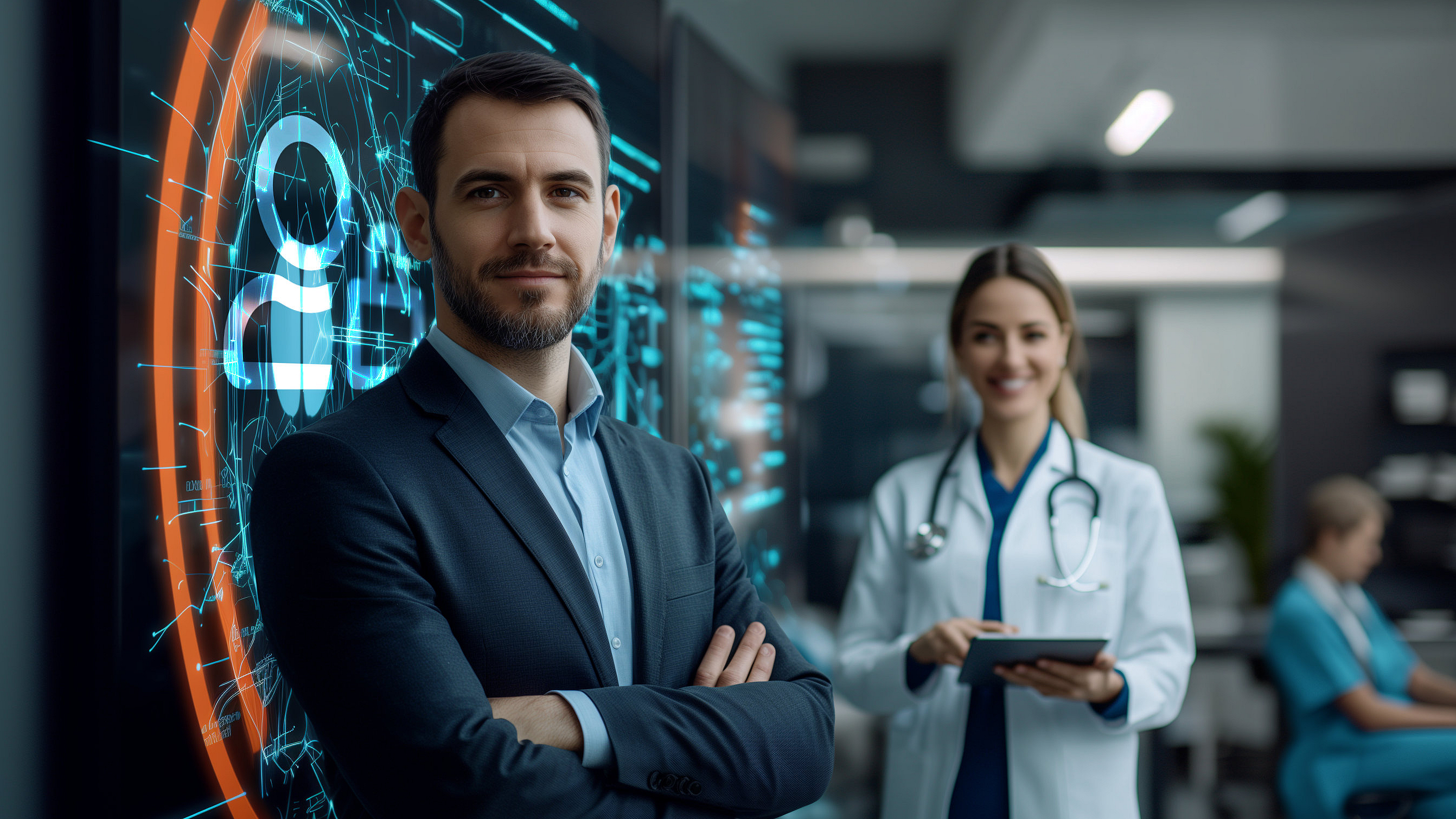 IT-Dienstleister im Bereich Healthcare IT-Dienstleister und eine Ärztin stehen zusammen
