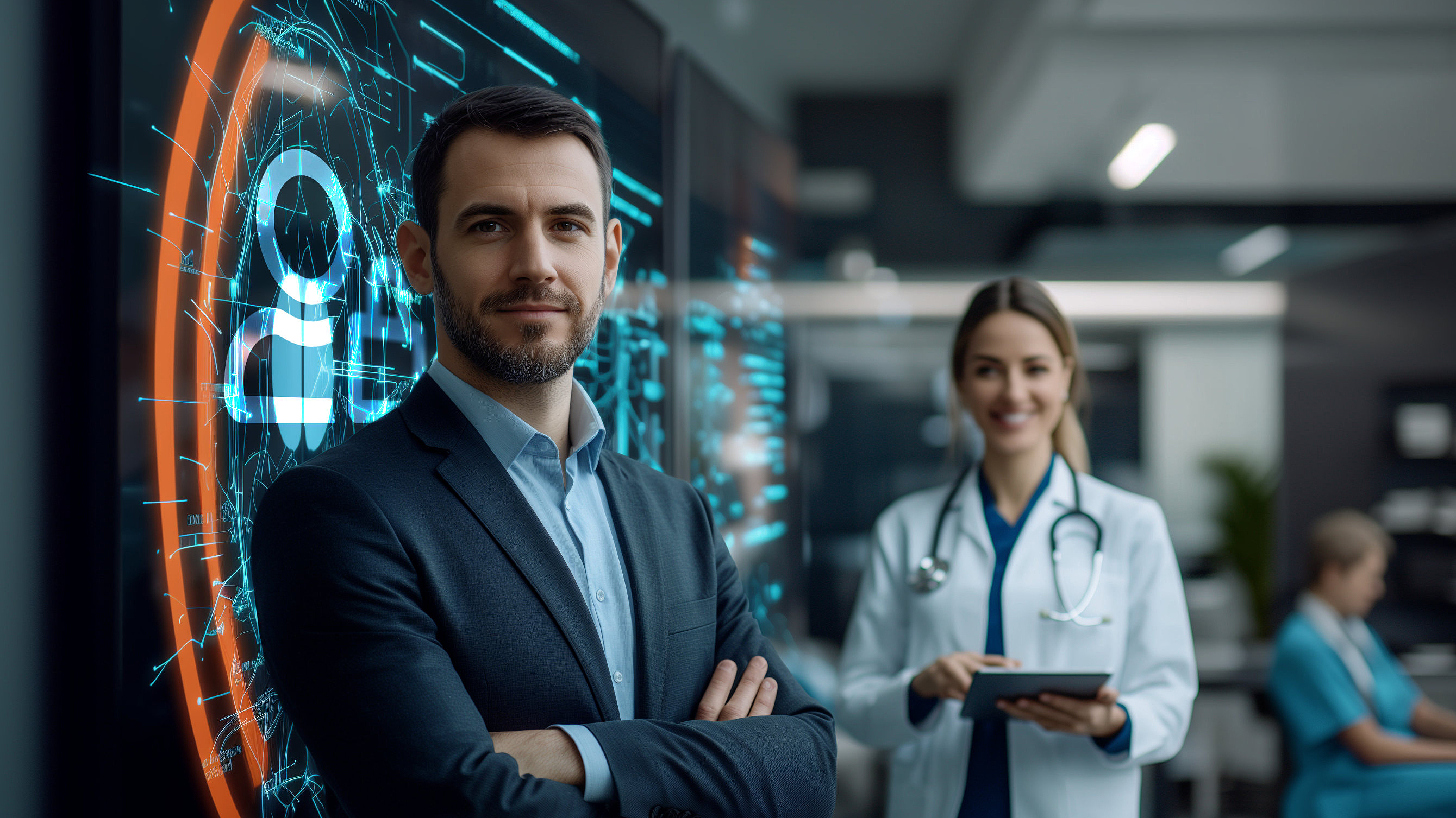 IT service provider in the healthcare sector IT service provider and a doctor stand together