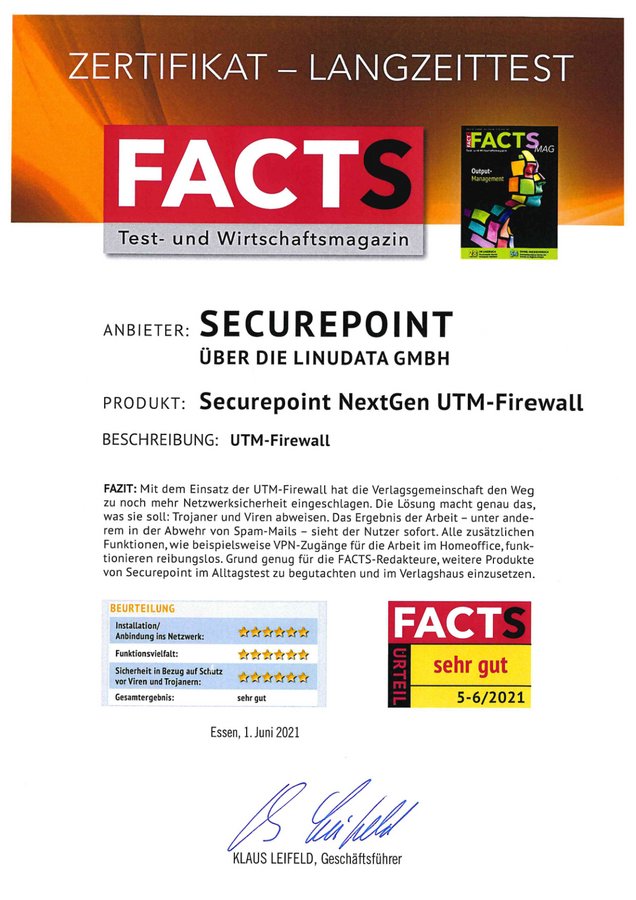 Auszeichnung Facts Langzeittest der Securepoint Firewall 2021