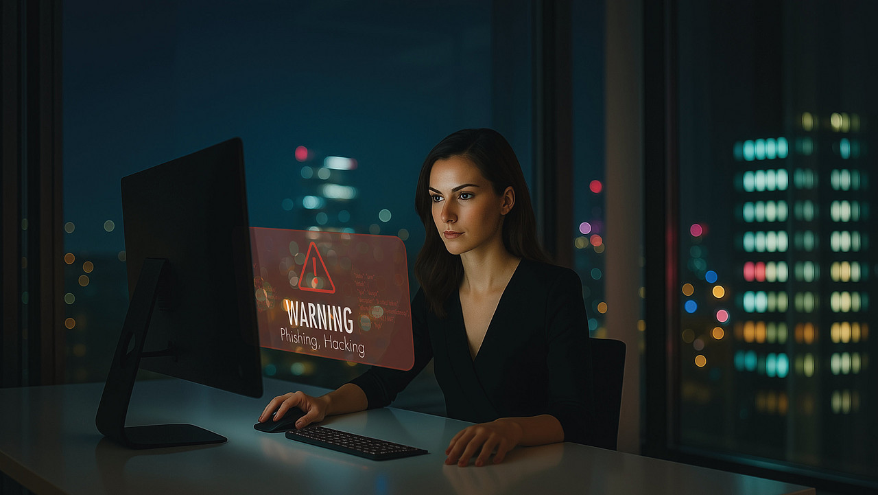 Securepoint Awareness Next Eine Frau blickt in eine Warnmeldung auf ihrem Bildschirm