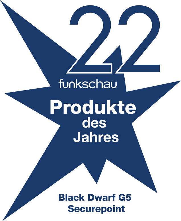 Securepoint UTM-Firewall Black Dwarf G5 zählt zu den Gewinnern im Bereich "Cybersecurity & Backup". Logo funkschau "ITK-Produkte des Jahres 2022"