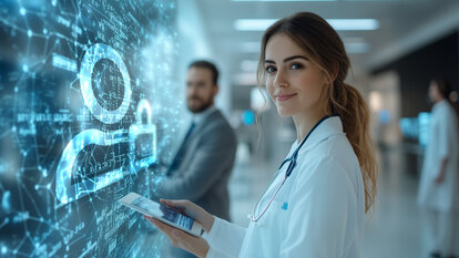 A female doctor with a tablet in front of a digital wall.