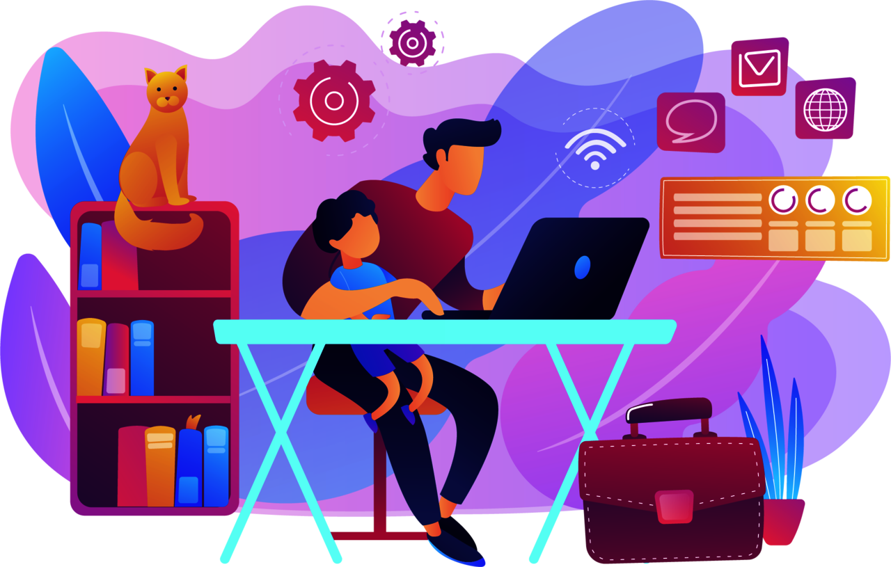 Sicher im Homeoffice mit Secure DNS Grafik: Mann sitzt mit Kind im Homeoffice
