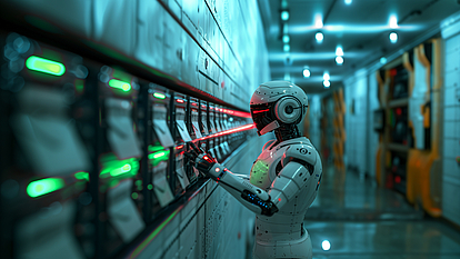 Securepoint Mail Security für Unternehmen Ein Roboter steht vor einer Schalttafel mit grünen und roten Lichtern.