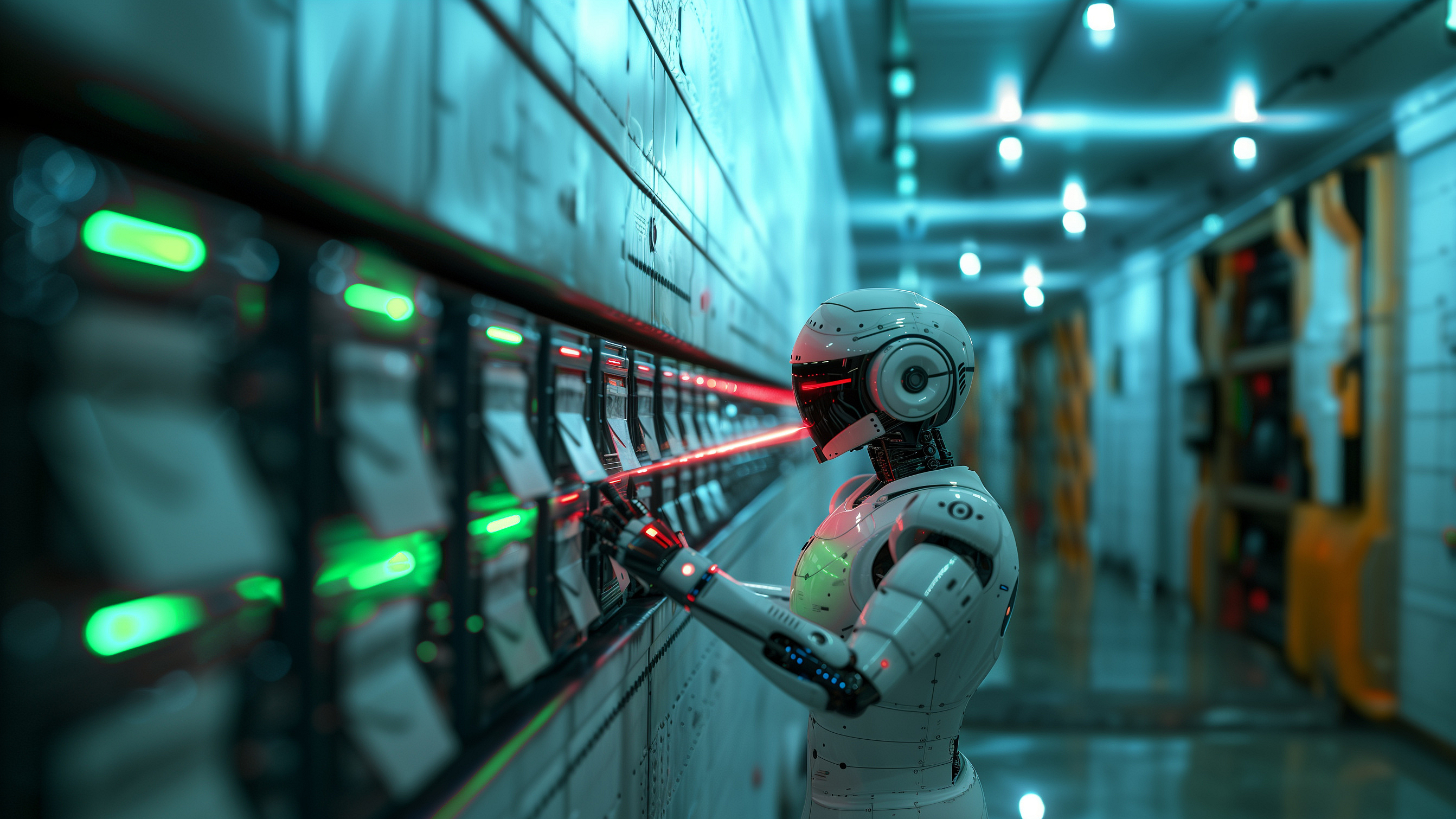 Securepoint Mail Security für Unternehmen Ein Roboter steht vor einer Schalttafel mit grünen und roten Lichtern.