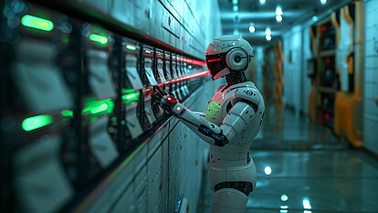 A robot stands in front of a control panel with green and red lights.