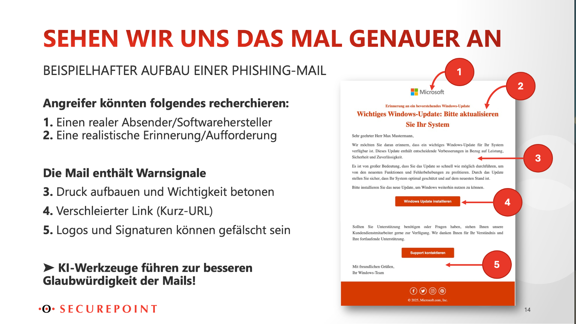 [Translate to English:] Anhand einer echten Phishingmail werden Warnhinweise für kriminelle Absichten erläutert.  