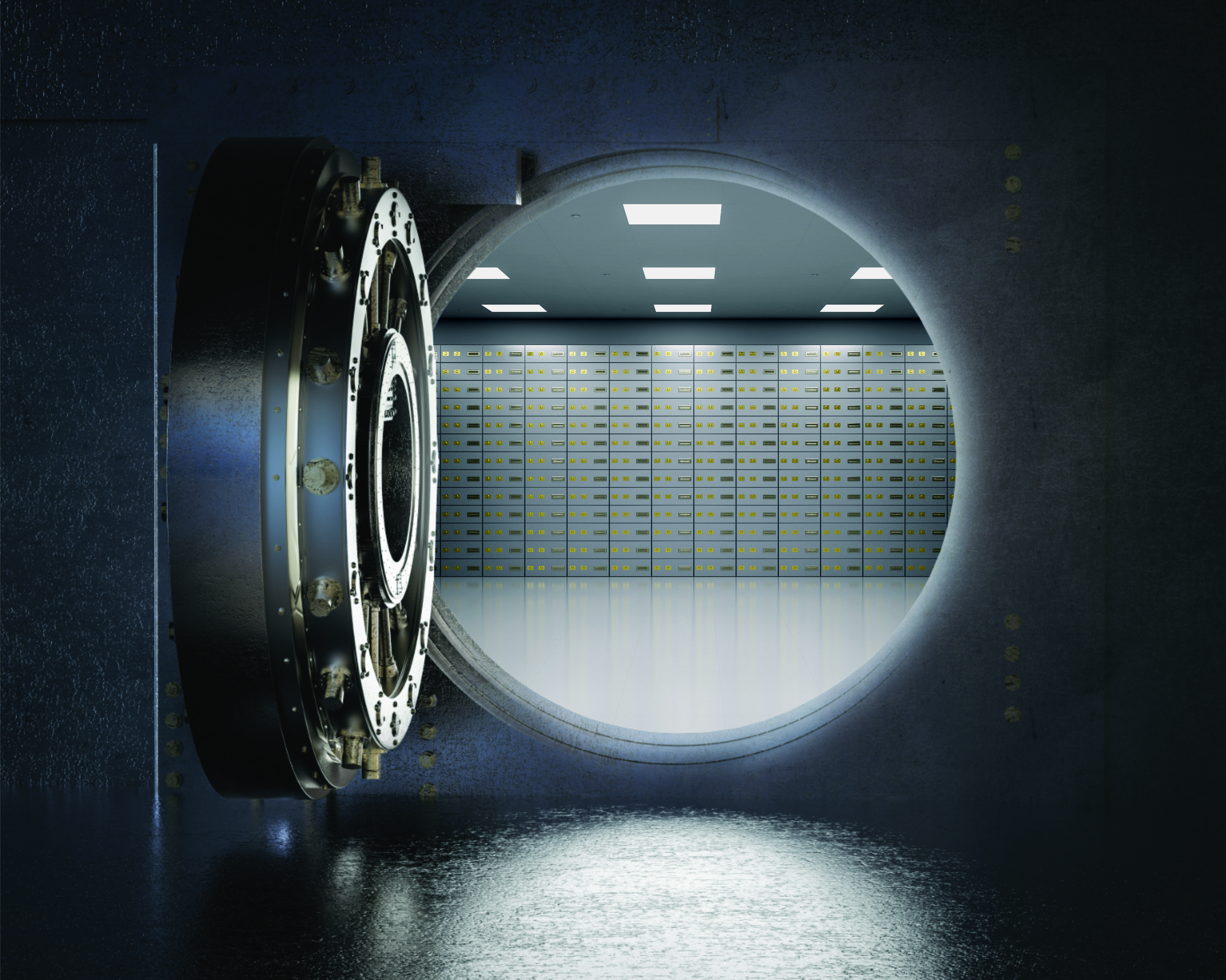 Offener Tresorraum mit vielen Schließfächern.