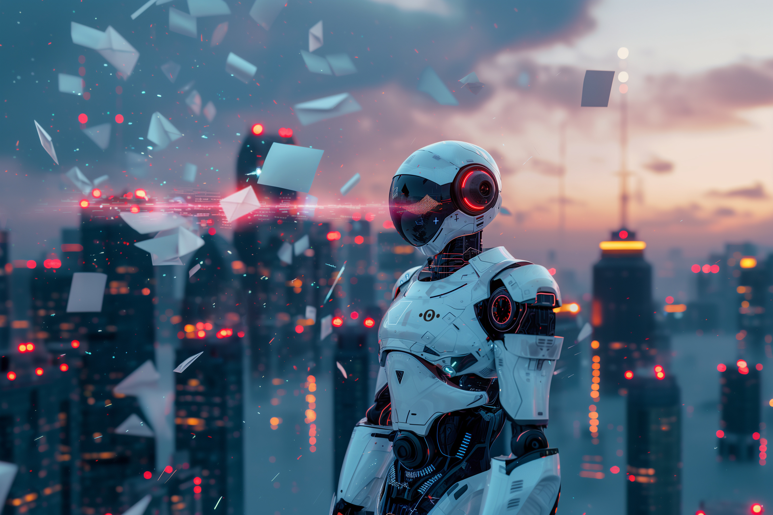 Dekoratives Bild: Roboter steht vor einer Skyline