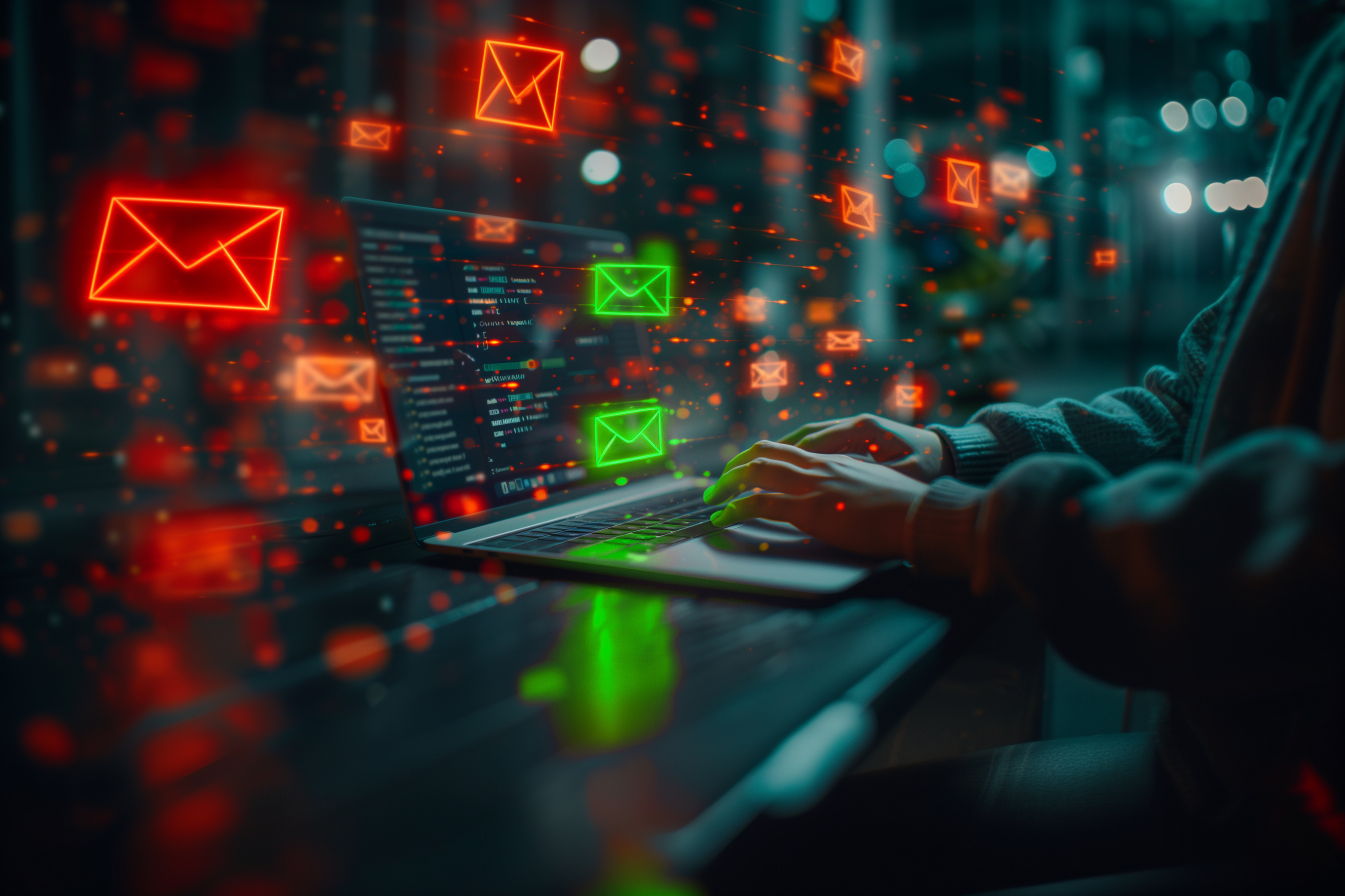 Symbolisches Bild: Sichere Mails (grün) auf dem Laptop und unsichere Mails (rot) in der digitalen Umgebung.