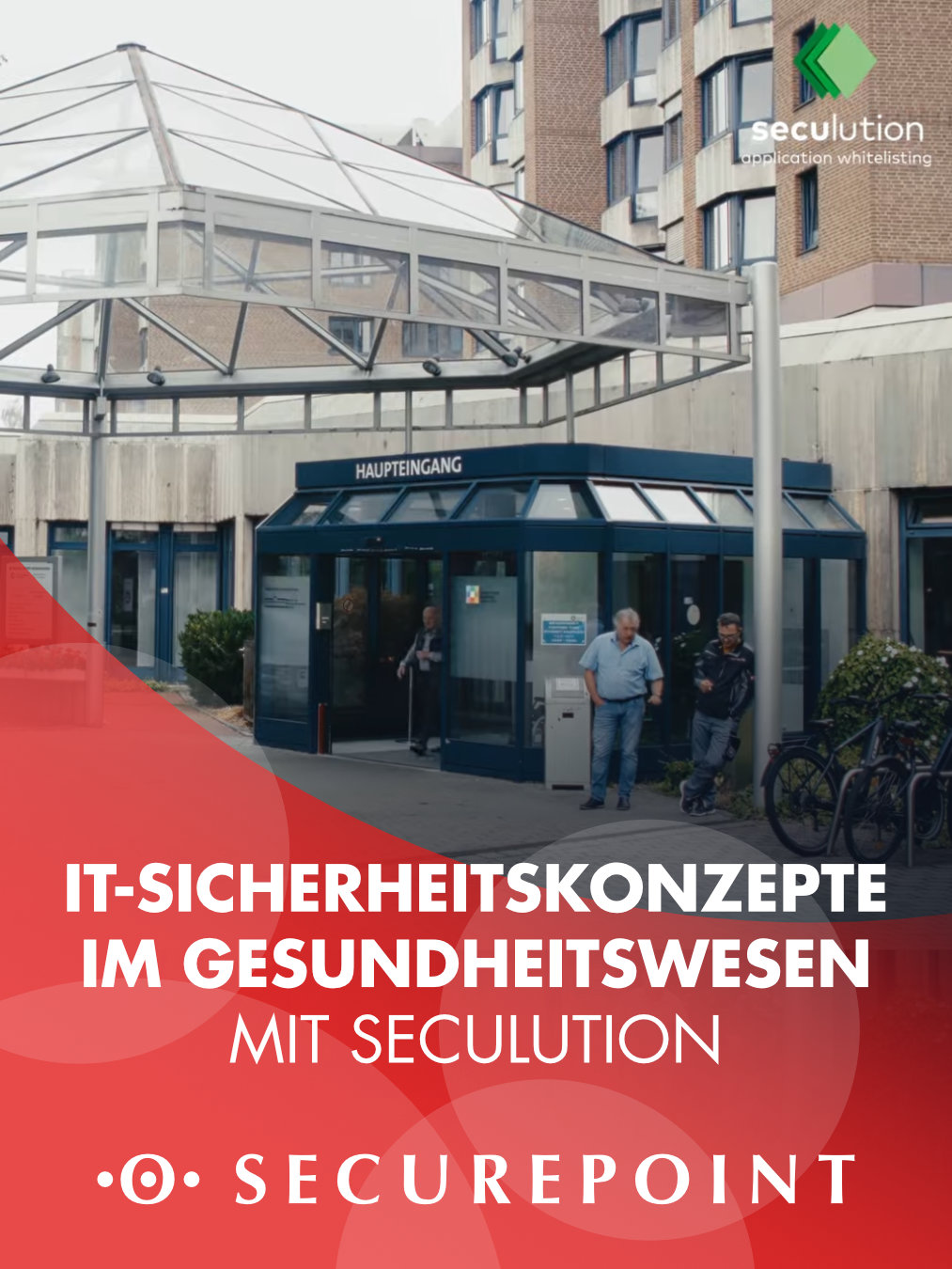 Bild eines Einganges zu einem Krankenhaus. Davor der Werbetext.