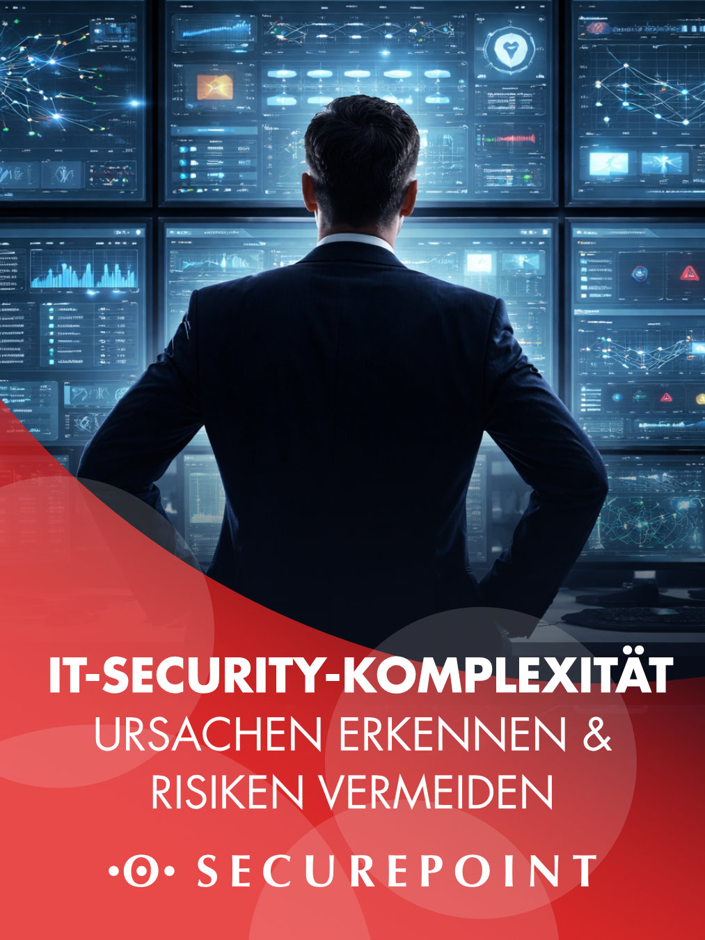 Eine Person steht vor einer Wand aus Bildschirmen mit Grafiken