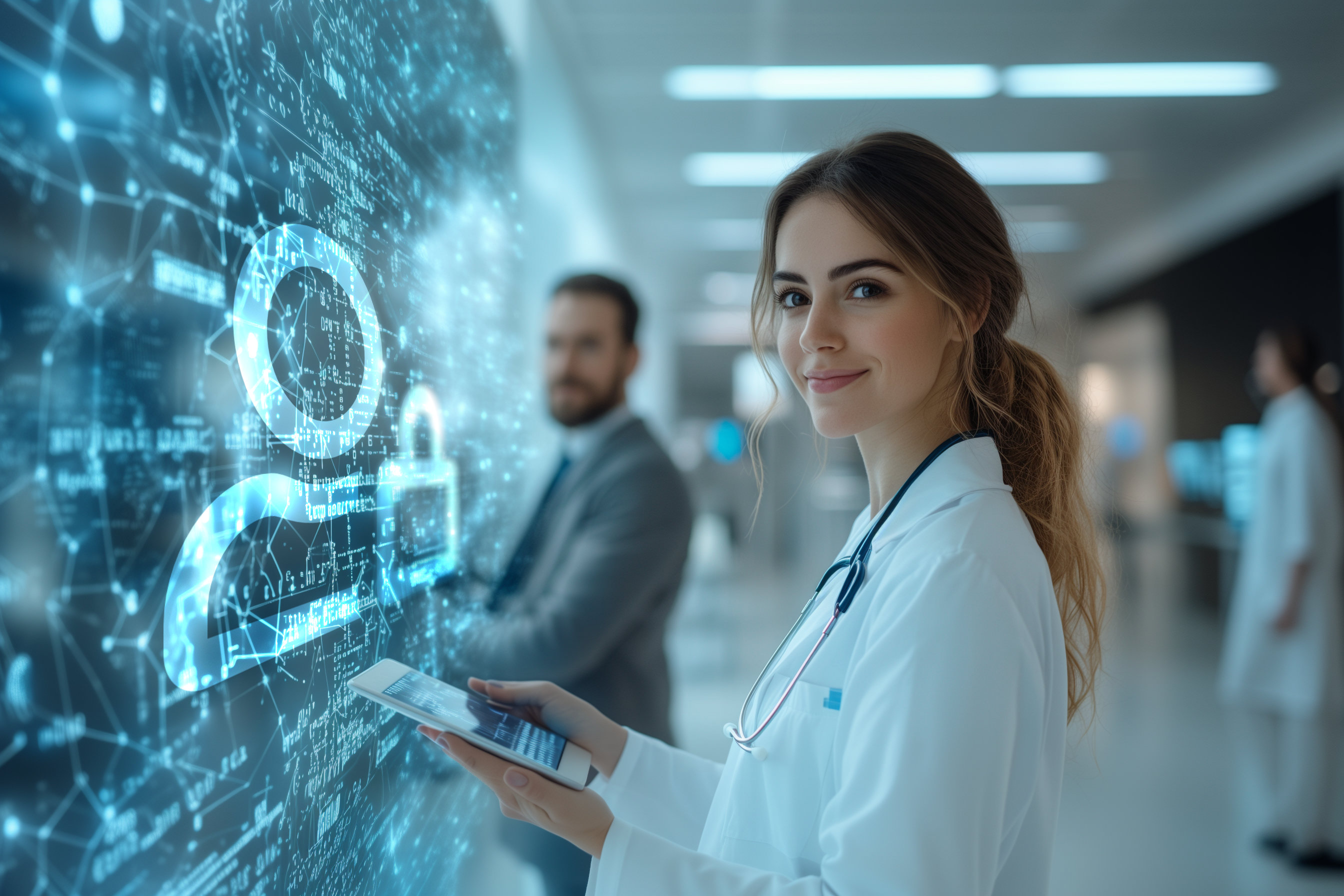A female doctor with a tablet in front of a digital wall.