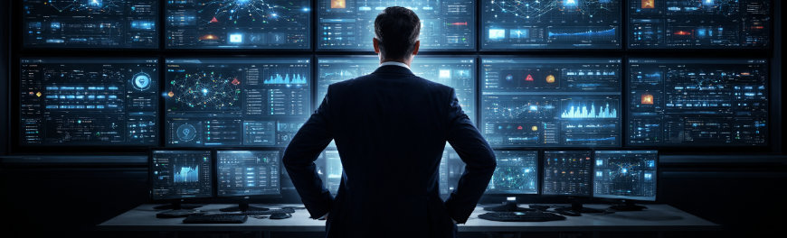 Komplexität in der IT-Security reduzieren Mann steht vor diversen Anzeigen mit Daten