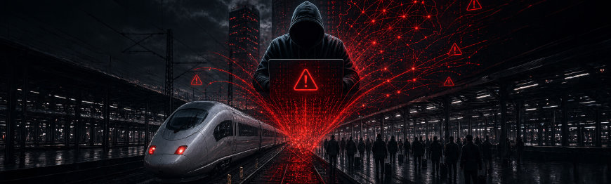 Grafische Darstellung einer dunklen Gestalt über einem Zug und einer rot dargestellten Deutschlandkarte