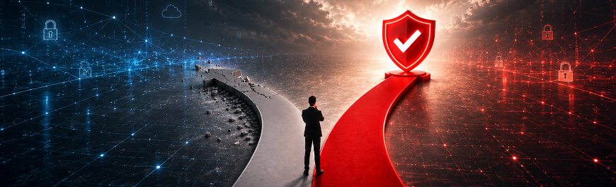 IT Security – What matters after the decision has been made A diagram showing a person standing at a crossroads. One path is depicted as safe.