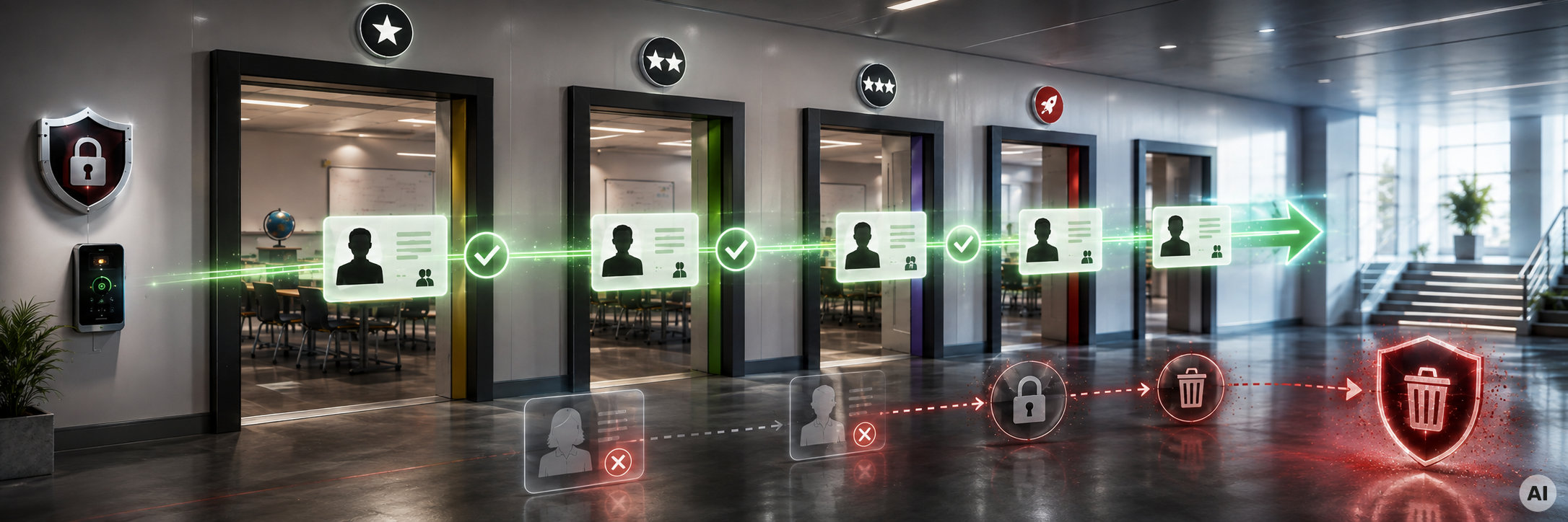 Schuljahreswechsel als IT-Security Ereignis Zu sehen ist ein stilisierter Schulflur mit mehreren Türen, die unterschiedliche Klassenstufen symbolisieren. Digitale Benutzerkonten erscheinen als kleine Profilkarten und bewegen sich von einer Tür zur nächsten. Einige Zugangsberechtigungen werden dabei sichtbar übertragen, andere werden mit einem Schloss geschlossen oder aussortiert.